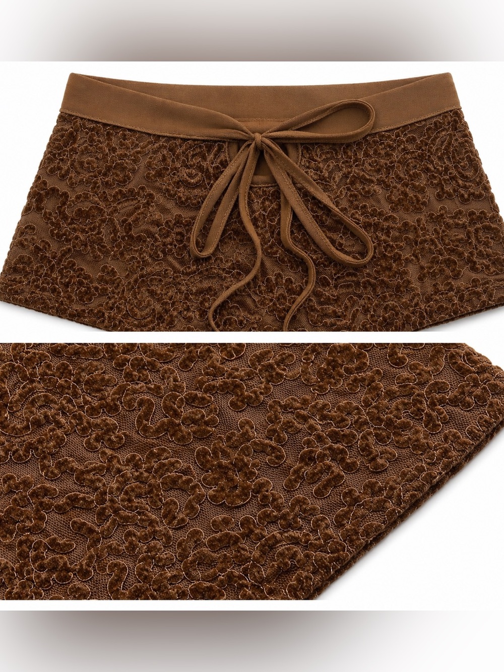 Cider Brown Lace-Textured Square-Neck Tie-Front Crop Top - Picture 3 of 5